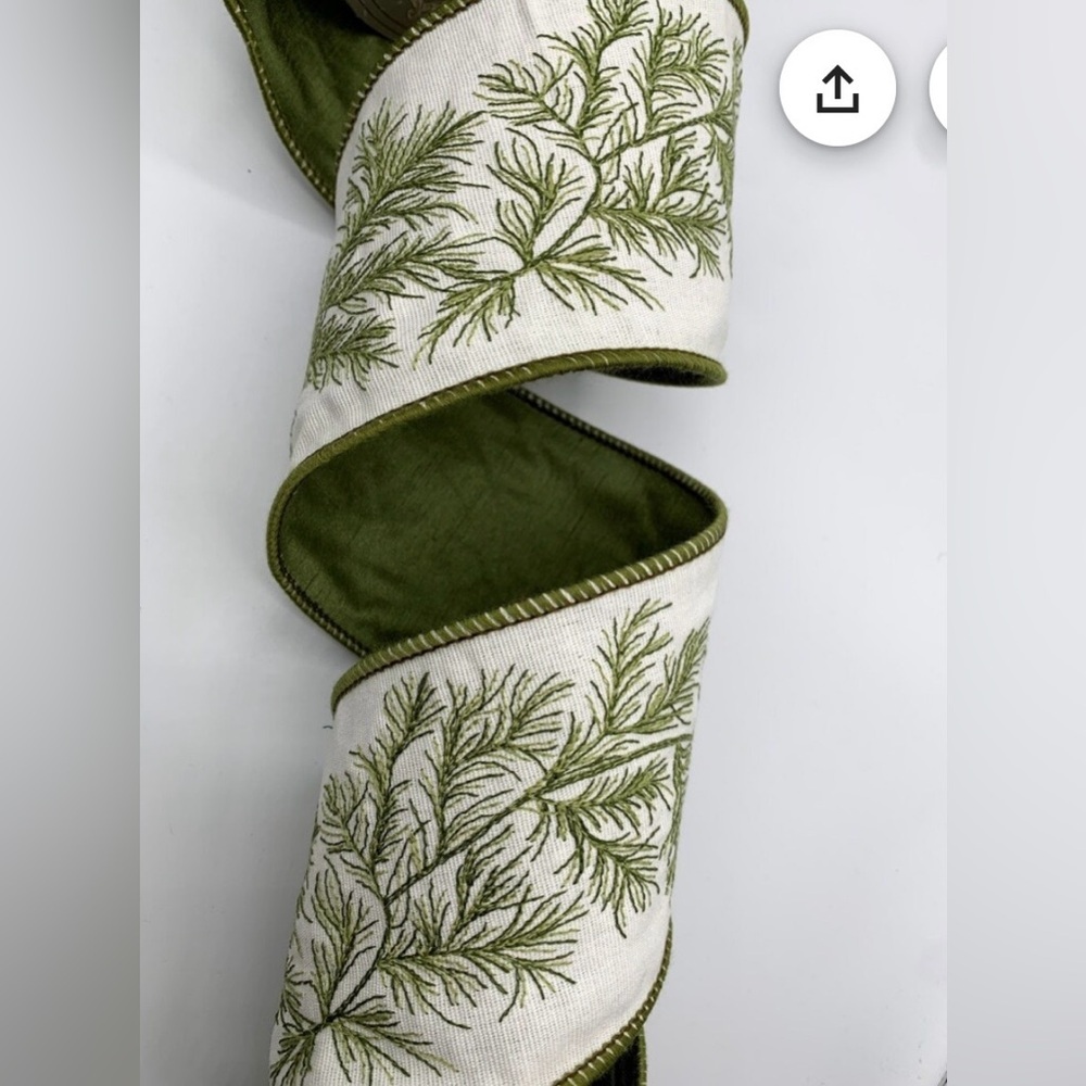 4” Embroidered Pine On White Canvas Ribbon- Pine Green Back Wired Edges ,10yds.